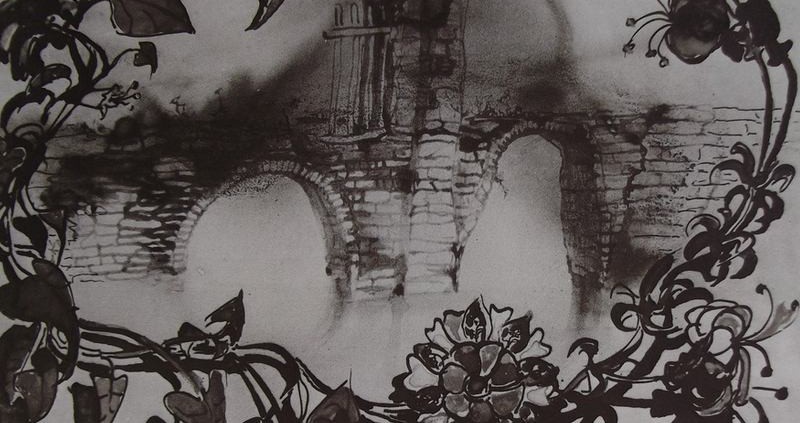 Ce détail d'un dessin de Victor Hugo représente des fleurs à longue tiges, entrelacées, et entourant un vieux pont, comme un hommage au fait d'être aimé.