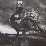 Ce détail d'un dessin de Victor Hugo représente un coq poussant son cri dans la campagne devant la ville au loin...