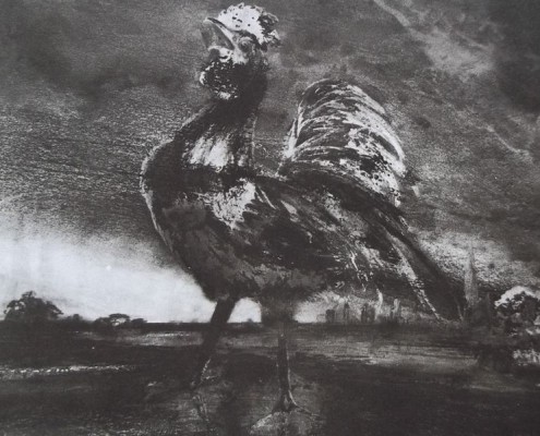 Ce détail d'un dessin de Victor Hugo représente un coq poussant son cri dans la campagne devant la ville au loin...