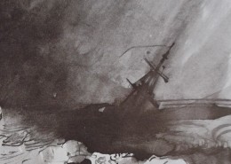 Ce détail d'un dessin de Victor Hugo représente l'océan d'où émerge le mat d'un galion en train de sombrer sous les éléments déchainés. On ne distingue pas la rose de l'infante.