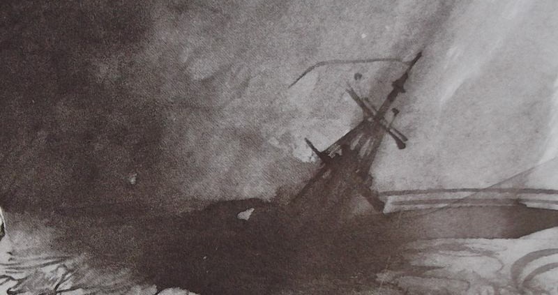 Ce détail d'un dessin de Victor Hugo représente l'océan d'où émerge le mat d'un galion en train de sombrer sous les éléments déchainés. On ne distingue pas la rose de l'infante.