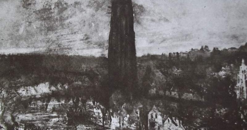 Ce détail d'un dessin de Victor Hugo représente une tour qui se dresse au-dessus des constructions humaines.