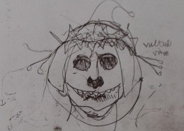 Ce détail d'un dessin de Victor Hugo représente une (presque) tête de mort couronnée et croquée avec un (presque) chapeau de clown.