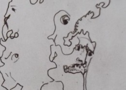 Ce détail d'un dessin de Victor Hugo représente quatre têtes grotesques liées les unes aux autres par un seul trait (ou presque).
