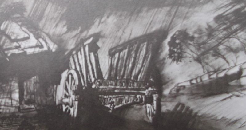 Ce détail d'un dessin de Victor Hugo représente une campagne sous la pluie. On aperçoit un toit et une charrette et, sur le bord de la route, les arbres ploient sous la bise.