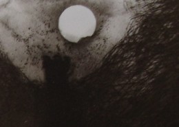 Ce détail d'un dessin de Victor Hugo représente un ange noir qui apparaît, ailes déployées, sous la lune blanche, éclatante, lumineuse.