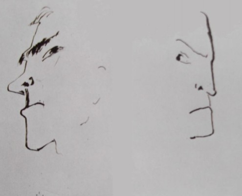 Ce détail de deux dessins de Victor Hugo représente deux têtes d'hommes qui regardent en biais.