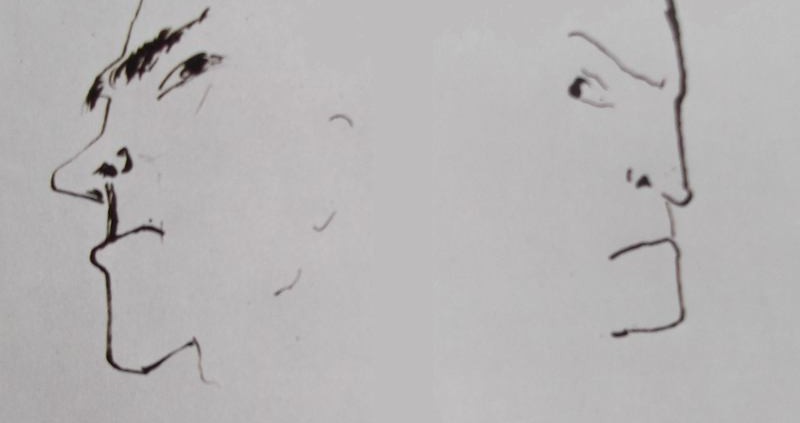 Ce détail de deux dessins de Victor Hugo représente deux têtes d'hommes qui regardent en biais.