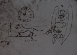Ce détail d'un dessin de Victor Hugo représente un animal tenu en laisse par un ange vers lequel vient un autre animal. Une horloge est au-dessus du premier animal.