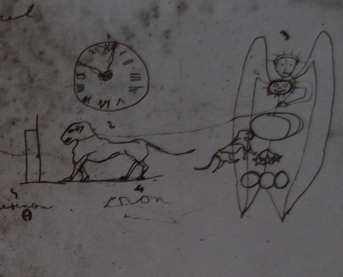 Ce détail d'un dessin de Victor Hugo représente un animal tenu en laisse par un ange vers lequel vient un autre animal. Une horloge est au-dessus du premier animal.