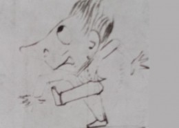 Ce détail d'un dessin de Victor Hugo représente un personnage grotesque à grosse tête et grandes oreilles qui marche en levant la jambe et écartant les bras et les doigts.