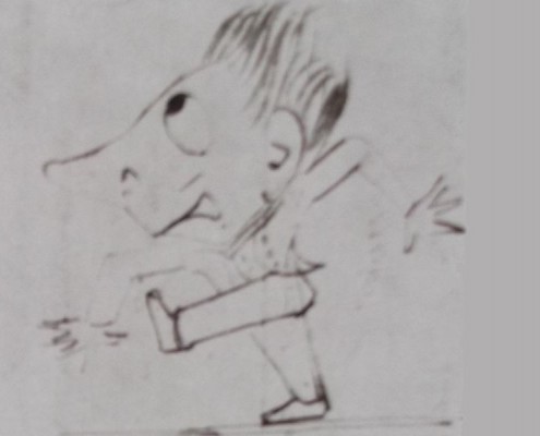 Ce détail d'un dessin de Victor Hugo représente un personnage grotesque à grosse tête et grandes oreilles qui marche en levant la jambe et écartant les bras et les doigts.
