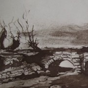 Ce détail d'un dessin de Victor Hugo représente un pont de pierres vers lequel semblent se diriger des arbres décharnés. Il fait froid.