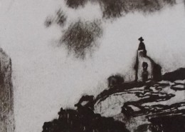 Ce détail d'un dessin de Victor Hugo représente une silhouette juchée sur un rocher et qui contemple l'abîme sous ses pieds. On aperçoit une falaise en face.