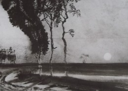 Ce détail d'un dessin de Victor Hugo représente un horizon de nature, avec trois arbres contournés par un chemin sur lequel sont projetées leurs ombres. Le disque du soleil couchant est sur l'horizon.