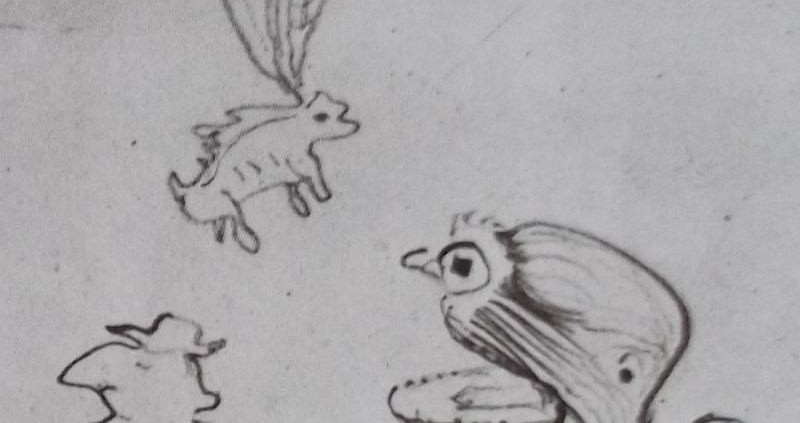 Ce détail d'un dessin de Victor Hugo représente un être à grande bouche d'où s'échappe un crapaud-bufflon ailé, tandis qu'un homme à chapeau passe sur le côté.