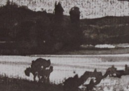 Ce détail d'un dessin de Victor Hugo représente une campagne paisible près d'un lac. On aperçoit, sur une colline de l'autre rive, des silhouettes de moulins. N'envions rien, semblent-ils dire...