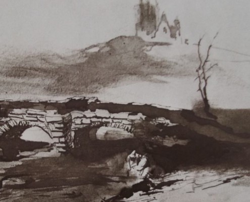Ce détail d'un dessin de Victor Hugo représente un pont de pierres près duquel se dresse un arbre écharné. Au loin, sur une colline, on aperçoit les ruines d'un château.