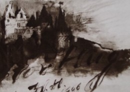 Ce détail d'un dessin de Victor Hugo représente un château sur une colline, au crépuscule. Juste en-dessous est écrit : Victor Hugo.