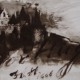 Ce détail d'un dessin de Victor Hugo représente un château sur une colline, au crépuscule. Juste en-dessous est écrit : Victor Hugo.