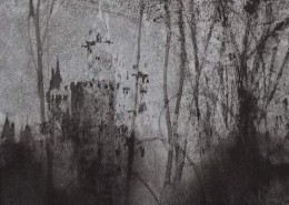 Ce détail d'un dessin de Victor Hugo représente un château lumineux, qui apparaît derrière un rideau d'arbres, où l'ombre couve, menaçante.