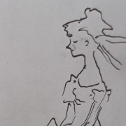 Ce détail d'un dessin de Victor Hugo représente le buste d'une jeune femme rougissant dans sa robe, les cheveux au vent.
