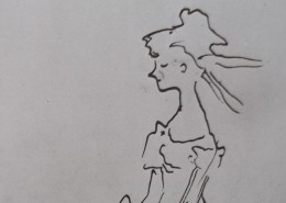 Ce détail d'un dessin de Victor Hugo représente le buste d'une jeune femme rougissant dans sa robe, les cheveux au vent.