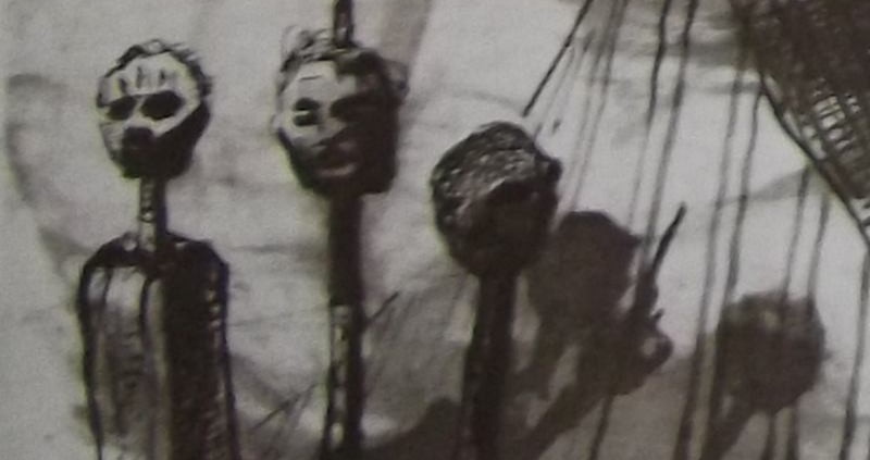 Ce détail d'un dessin de Victor Hugo représente trois têtes empalées et leurs ombres projetées.