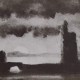 Ce détail d'un dessin de Victor Hugo représente des formes sombres entourant un petit pont en bord de mer avec, sur l'horizon, le disque solaire, lumière (telle le progrès ?) obscurcie par de lourd nuages noirs.