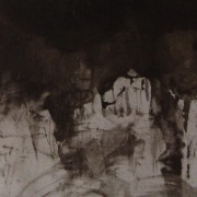 Ce détail d'un dessin de Victor Hugo représente des formes blanchâtres (roches ou démons) tournées vers l'obscurité. L'une semble tendre son bec ouvert vers le ciel.