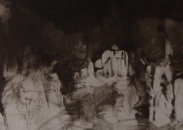 Ce détail d'un dessin de Victor Hugo représente des formes blanchâtres (roches ou démons) tournées vers l'obscurité. L'une semble tendre son bec ouvert vers le ciel.