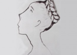 Ce détail d'un dessin de Victor Hugo représente une tête de jeune femme aux cheveux tressés en nattes relevés en chignon.