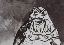 Ce détail d'un dessin de Victor Hugo représente un homme barbu et chauve, au visage épanoui et facétieux.