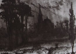 Ce détail d'un dessin de Victor Hugo représente les grands bois où le poète se promène avec son chien Ponto. Au sortir de ces bois, on aperçoit une église ; sur la droite, un peuplier.
