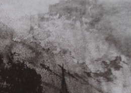 Ce détail d'un dessin de Victor Hugo représente un nuage qui éclate au-dessus d'arbres et de toits, telle une bombe aux Feuillantines.