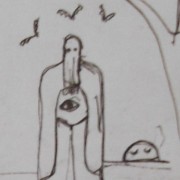 Ce détail d'un dessin de Victor Hugo représente un être couvert d'une cagoule et d'une grande robe avec un œil pectoral ; trois oiseaux volent au-dessus de sa tête. Sur sa gauche, derrière lui, apparaît, près d'un arbre, le soleil, les yeux fermés.