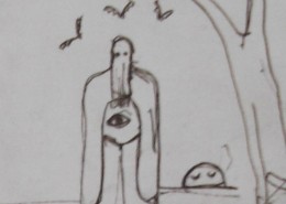 Ce détail d'un dessin de Victor Hugo représente un être couvert d'une cagoule et d'une grande robe avec un œil pectoral ; trois oiseaux volent au-dessus de sa tête. Sur sa gauche, derrière lui, apparaît, près d'un arbre, le soleil, les yeux fermés.