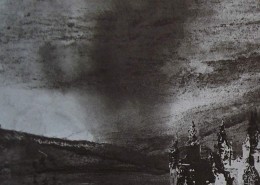 Ce détail d'un dessin de Victor Hugo représente un ciel nébuleux dans lequel on aperçoit une tornade. Sur la droite, les tours d'un château...