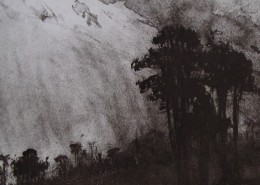Ce détail d'un dessin de Victor Hugo représente les arbres de la forêt sous la lumière du ciel.
