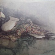 Ce détail d'un dessin de Victor Hugo représente une femme couchée de dos, peut-être captive, sa nudité recouverte d'un étoffe chamarrée.