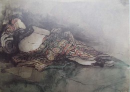 Ce détail d'un dessin de Victor Hugo représente une femme couchée de dos, peut-être captive, sa nudité recouverte d'un étoffe chamarrée.