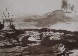 Ce détail d'un dessin de Victor Hugo représente un pont de pierres traversant le lit d'une rivière asséchée. La silhouette d'un château se profile sur l'horizon, à droite.
