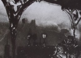 Ce détail d'un dessin de Victor Hugo représente un sultan assis, enveloppé dans sa toge, sous des arcades, où l'on peut apercevoir des têtes empalées et, au loin, derrière, le sommet de deux tours.
