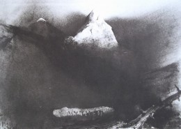 Ce détail d'un dessin de Victor Hugo représente le mont Olympe et un autre mont qui se dresse devant lui, immense, sorte de représentation du Satyre.