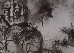 Ce détail d'un dessin de Victor Hugo représente un cimetière entouré d'arbres dans lesquels sont nichés des oiseaux (cachés). Une demeure surmonte cet enclos.