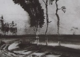 Ce détail d'un dessin de Victor Hugo représente un chemin qui contourne trois arbres près d'un champ. Sur la gauche, on aperçoit un château.