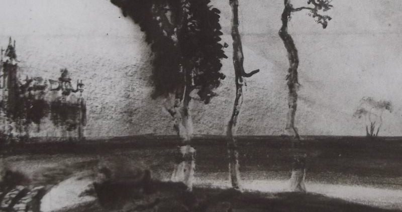 Ce détail d'un dessin de Victor Hugo représente un chemin qui contourne trois arbres près d'un champ. Sur la gauche, on aperçoit un château.