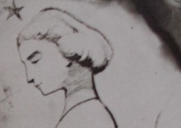 Ce détail d'un dessin de Victor Hugo représente le visage de profil d'une jeune femme (Léopoldine, noyée le 4 septembre 1843, à Villequier) avec une étoile au-dessus de son front.