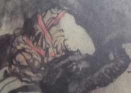 Ce détail d'un dessin de Victor Hugo représente une tête de femme, tournée. Un ruban rouge orne des cheveux blonds.