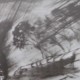 Ce détail d'un dessin de Victor Hugo représente une haie d'arbres pliés par la tourmente le long d'un chemin.